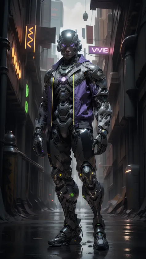 full body plane, a futuristic-looking ((black chrome cyborg)) man with a fantastic ((square cyberhelmet head with violet lights)), mechanical feet, wearing a pair of ((violet tactical gloves)), dressed in a ((violet techwear jacket)), standing in cyberpunk...