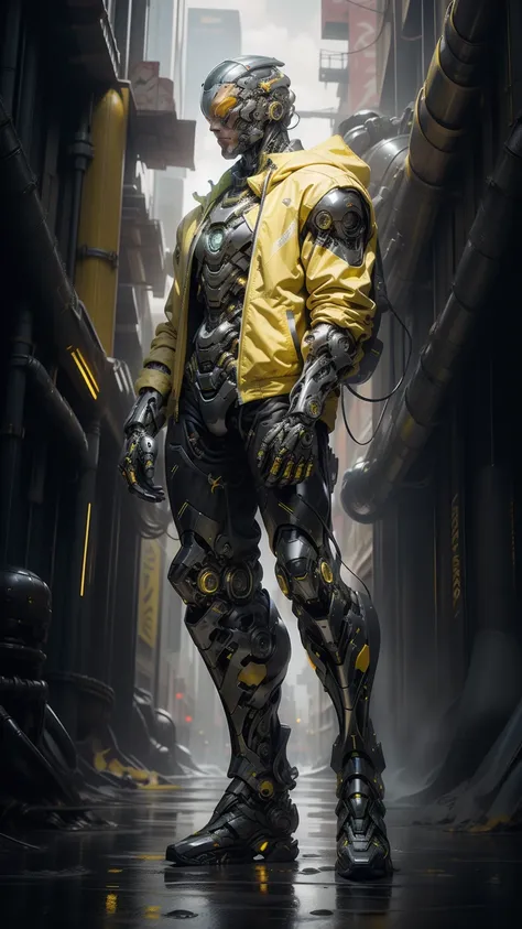 full body plane, a futuristic-looking ((black chrome cyborg)) man with a fantastic ((square cyberhelmet head with yellow lights)), mechanical feet, wearing a pair of ((yellow tactical gloves)), dressed in a ((yellow techwear jacket)), standing in cyberpunk...