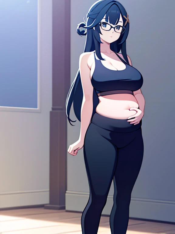 (Very high quality, detailed, masterpiece) An image of a full body pregnant girl with a round belly, long hair, very big breasts and a bubble butt. Shes standing barefoot with her hands on her belly and leaning back. Shes wearing a sports bra, very thight ...