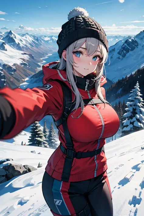 24 year old girl、Face to face with real outdoor mountaineering clothing、Wearing a knitted hat、Sexy pose with big breasts、Snow-capped mountain climbing、snowboard