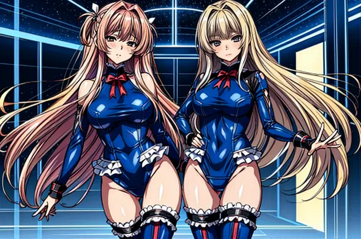 three girls, ( (Digital) (8K ), medium breasts, (fril swimsuit, Thighhighs, removed sleeve)) , highest quality, marierose,1 girl,,,(A futuristic laboratory lined with large culture tanks),,hypnoLora,
empty eyes