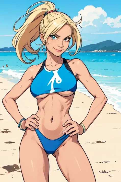 flat colors, cowboy shot, illustrated image of an athletic woman, posing on the beach on a sunny day, hand on hip, blonde hair in a high ponytail, wearing (sexy tankini),  flirty, closed mouth smile, perfect eyes, striking, side boob, fun, highly detailed ...