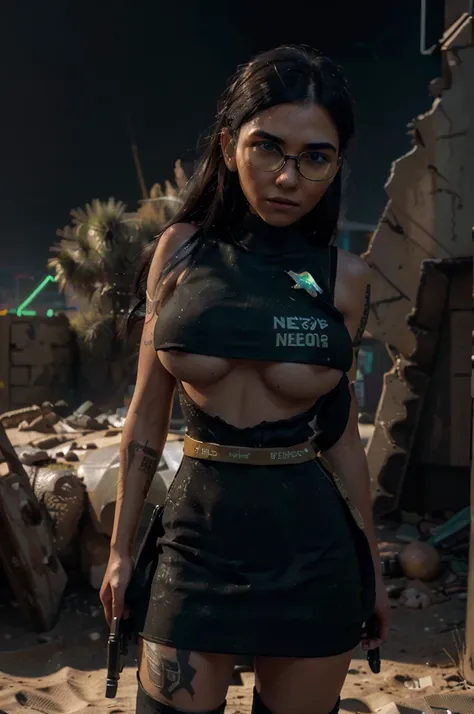 (1girl), ((city combat outfit, holding gun, tactical glasses, bullet vest, half dress: 1.4)), ((large breasts, round breasts: 1.3)), ((accentuated chest, wide hips, belly, narrow waist, curved waist: 1,2)), ((thin and thin waist, slender and thin belly: 1,...