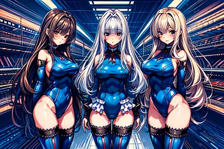 three girls, ( (Digital) (8K ), medium breasts, (fril swimsuit, Thighhighs, removed sleeve)) , highest quality, marierose,1 girl,,,(A futuristic laboratory lined with large culture tanks),,hypnoLora,
empty eyes