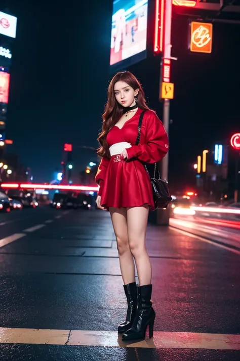 Russian girl,25 years old,long straight red hair,cute face,far shot,choker,full body,medium wavy pink hair,large earring,small bag,red shirt,miniskirt,night light,city,Photography,Surrounded by neon-lit reflections of the cityscape, depth of fields,Night, ...