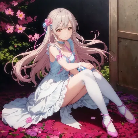 anime girl sitting on the ground with flowers in front of her, official anime artwork, anime visual of a cute girl, cushart krenz key art feminine, anime best girl, anime key visual of elegant,  in dress, cute anime waifu in a nice dress, anime key art, de...