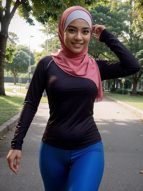 one girl, Malay, stunningly beautiful Malay actress, average Malaysian body, wearing a belly-covered, tight long sleeve running tee, hijab, running tights, sweating, at a park, running, looking at viewer, smiling