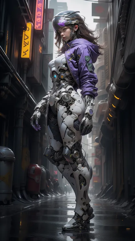 full body plane, a futuristic-looking ((white chrome cyborg)) woman with a fantastic ((square cyberhelmet head with violet lights)), mechanical feet, wearing a pair of ((violet tactical gloves)), dressed in a ((violet techwear jacket)), standing in cyberpu...