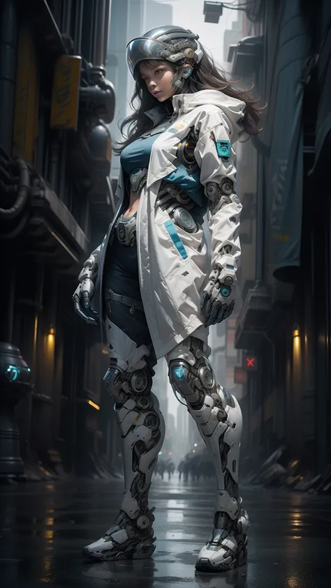 full body plane, a futuristic-looking ((white chrome cyborg)) woman with a fantastic ((square cyberhelmet head with blue lights)), mechanical feet, wearing a pair of ((blue tactical gloves)), dressed in a ((blue techwear jacket)), standing in cyberpunk cit...