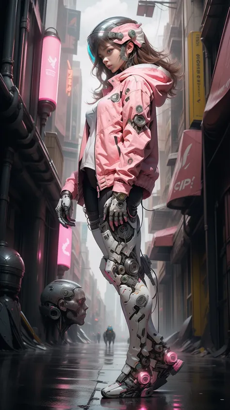 full body plane, a futuristic-looking ((white chrome cyborg)) woman with a fantastic ((square cyberhelmet head with pink lights)), mechanical feet, wearing a pair of ((pink tactical gloves)), dressed in a ((pink techwear jacket)), standing in cyberpunk cit...