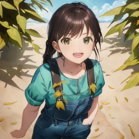 anime girl with ponytail hair and green shirt standing in the sand, anime visual of a cute girl, makoto shinkai ( apex legends )...