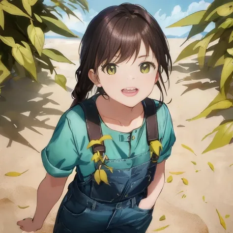 anime girl with ponytail hair and green shirt standing in the sand, anime visual of a cute girl, makoto shinkai ( apex legends )...