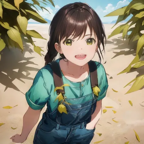 anime girl with ponytail hair and green shirt standing in the sand, anime visual of a cute girl, makoto shinkai ( apex legends )...