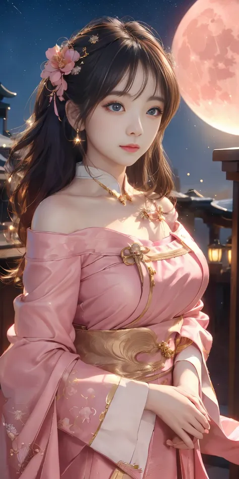 high resolution、High level of image quality、8k、Real live action、The background is a big pink moon，Shining with beauty、Gorgeous accessory decoration、pure，Sweet，Physically based rendering，Perfect light and shadow，extremely high detail，sense of technology，pin...