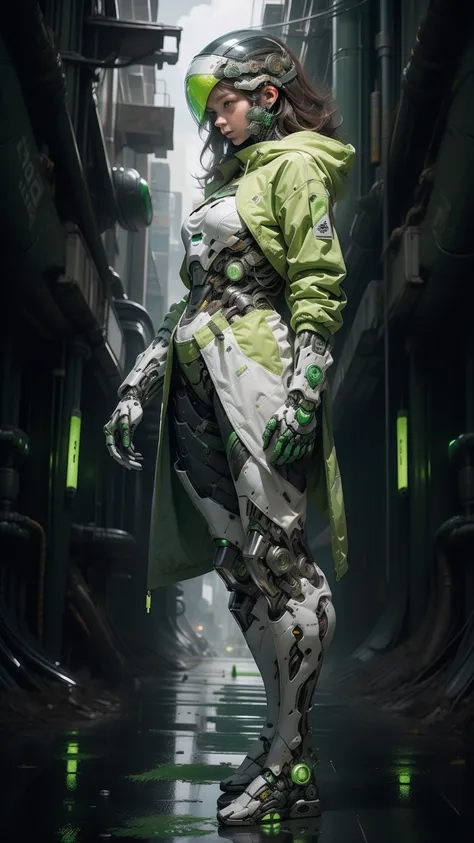 full body plane, a futuristic-looking ((white chrome cyborg)) woman with a fantastic ((square cyberhelmet head with green lights)), mechanical feet, wearing a pair of ((green tactical gloves)), dressed in a ((green techwear jacket)), standing in cyberpunk ...