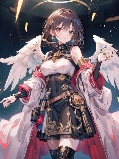 highest quality, treble range, 1 girl,, brown hair, cyborg, shiny hair, angel ring, fantasy