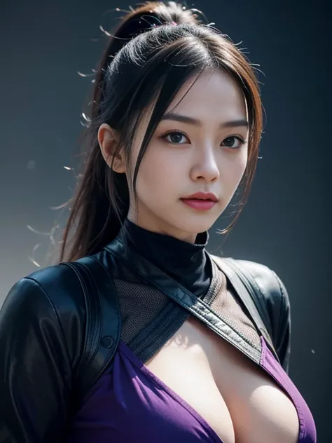 8K portrait、Black hair in a ponytail、Beautiful 25 year old Japan woman, white skin, double eyelid、serious expression, smile a little、Wearing a black and purple ninja costume,Ninja silhouette、plump big breasts、cleavage、With a little exposure、full body shot,...