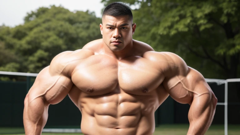 (Highly detailed 8K wallpaper), asian man, muscle worship, fold your arms, On the playground, baseball uniform, high detail, very short hair, skin head, Circular cut, very large and strong body, bulging muscles, muscular, very large pectoral muscles. Very ...