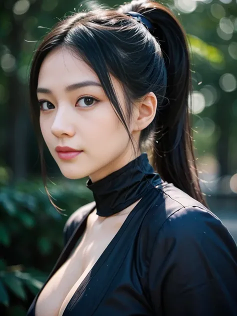 8K portrait、black hair ponytail、Beautiful 25 year old Japan woman、white skin、double eyelid、serious expression、smile a little、Wearing a black and purple ninja costume、Ninja silhouette、Plump big、cleavage、thighs、full body shot、dynamic pose、Action-packed、Dynam...