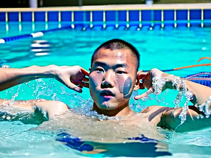 japanese men、male student、male swimming club member、male lifesaver、Male water polo player、shaved head man、dark skinned man、muscular man、man sinking in the bathtub、man sinking in the pool、man submerged in water、man diving underwater、A man wearing a black br...