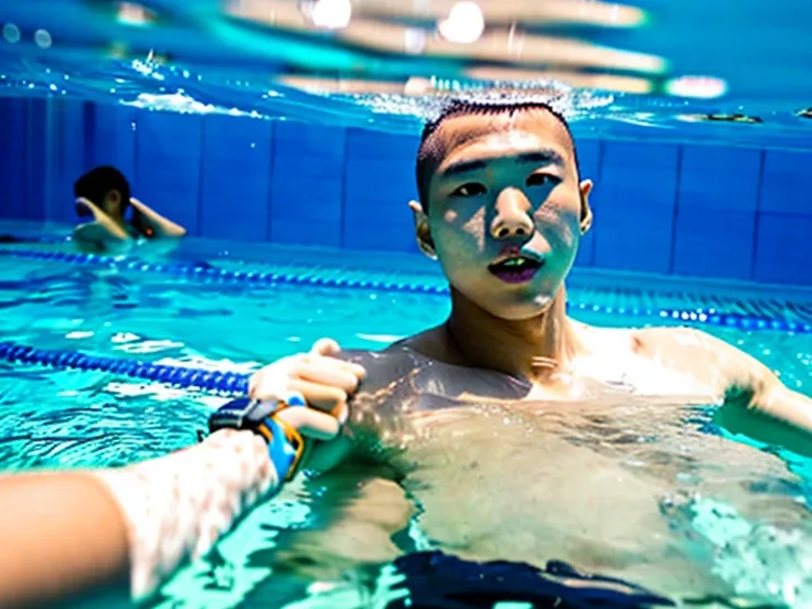 japanese men、male student、male swimming club member、male lifesaver、Male water polo player、shaved head man、dark skinned man、muscular man、man sinking in the bathtub、man sinking in the pool、man submerged in water、man diving underwater、A man wearing a black br...