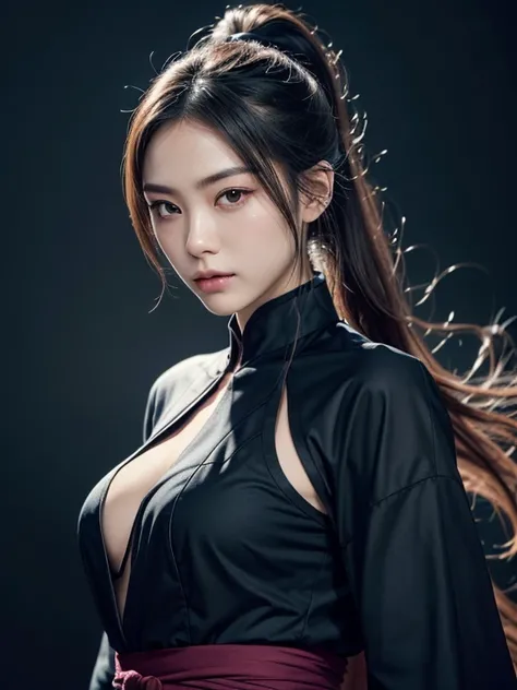 raw photos、8K portrait、real、Delicate and meticulous skin)、master piece、highest quality、official art、Unity 8k wallpaper、Super detailed、(dark scene、low key、soft light)、cinematic look、High chroma、best anatomy、Volume mist、samurai girl、slim body、whole body、1 gi...