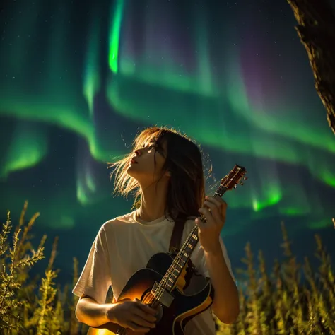 photo title: "Emerging from darkness"

Photo description:
The image is a tree々shows the aurora surrounded by, A tranquil forest that reflects his artistic inspiration. she is sitting on a tree trunk, with his iconic guitar, It expresses his passion for mus...