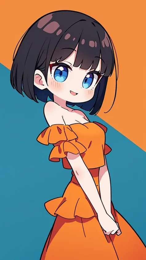 A Female with short black hair, bob cut, bang, blue eyes, Red lips, strapless, orange flamenco dress, shortsleeved orange ruffle off the shoulder top, black maxi skirt, bare shoulders, standing up, 1 girl, solo, upper body, smile