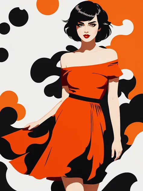 Vector art, flat-colors, pop-art, A Female with short black hair, bob cut, black eyes, Red lips, orange flamenco dress, short sleeves orange ruffle off the shoulder top, black maxi skirt, bare shoulders, standing up, close up, 2D illustration, Flat graphic...