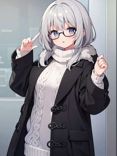 (highest quality), (highest quality), (masterpiece), gray hair, glasses, (white knit/black open coat)