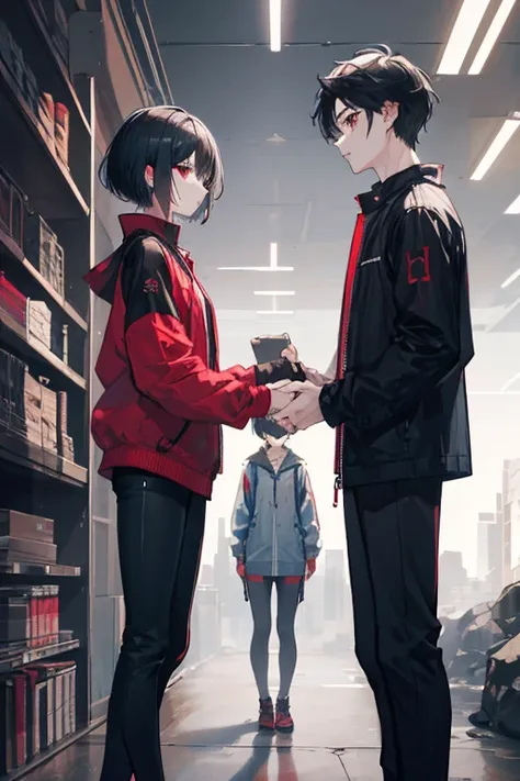 A Women and a men. In the middle of the cyber city. Girl with short ash hair, hazel eyes. Boy with black hair, red eyes, slightly muscular, tall.
Standing together, like friends.