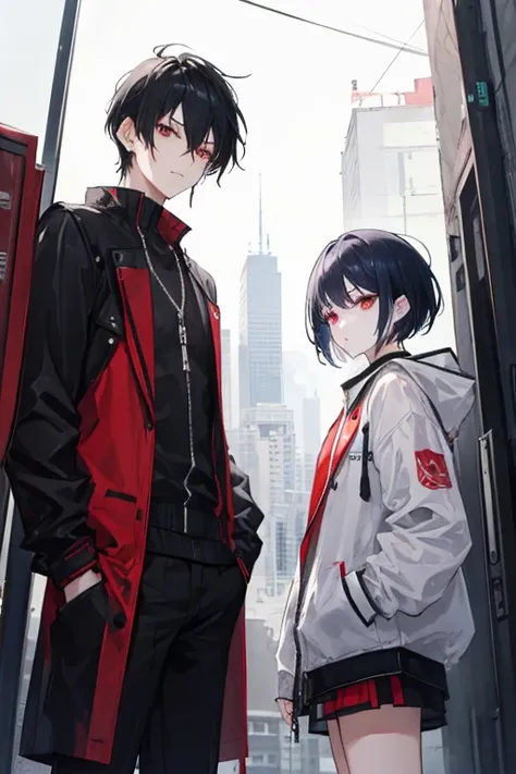 A Women and a men. In the middle of the cyber city. Girl with short ash hair, white eyes. Boy with black hair, red eyes, slightly muscular, tall.
Standing together, like friends.