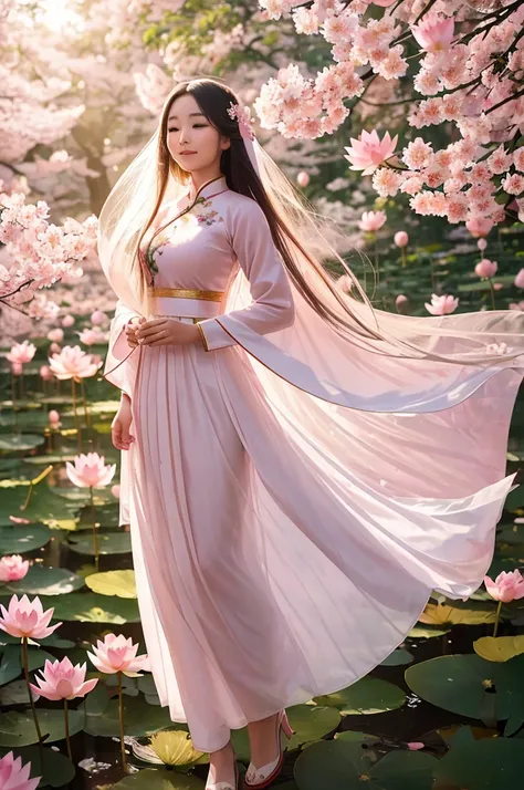 1 person, in the cherry blossom forest, Vietnamese ao dai, holding a lotus flower (light pink), long hair, light breeze, lotus background,Gentle smile, super beautiful face, smooth skin, Ao Dai with the Vietnamese flag under the hem, falling lotus flowers ...