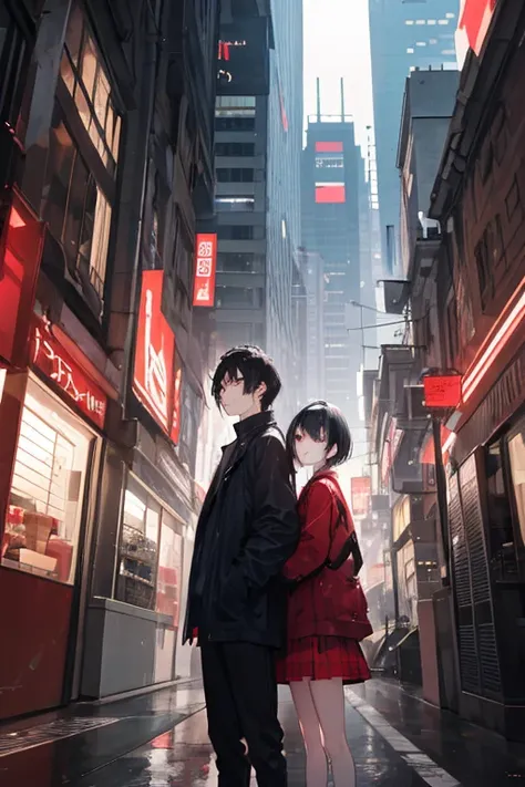 A Women and a men. In the middle of the cyber city. Girl with short ash hair, white eyes. Boy with black hair, red eyes, slightly muscular, tall.
Standing together, like friends.