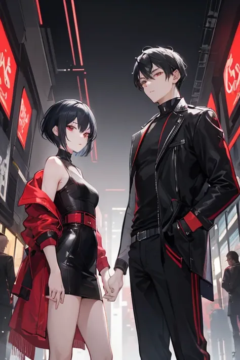 A Women and a men. In the middle of the cyber city. A women with short ash hair, black eyes. 
A men with black hair, red eyes, slightly muscular, tall.
Standing together, like friends.