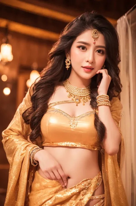 (masterpiece: 1.2), (best quality: 1.2), (extremely detailed: 1.2), (extremely detailed face), (ultra detailed), 8k, beautiful Indian woman 25 years old, makeup, Indian bride in colorful traditional clothes, traditional wedding scarf ,traditional gold jewe...