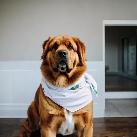  foto de meio Corpo , Tibetan Mastiff dog wearing white bandana around its neck, Fotografia de Corpo completo, Alone at your side a huge hamburger, olhando para o espectador, textura dos pelos
, Grain Photo, fechar-se, foto crua, fundo desfocado da imagem ...