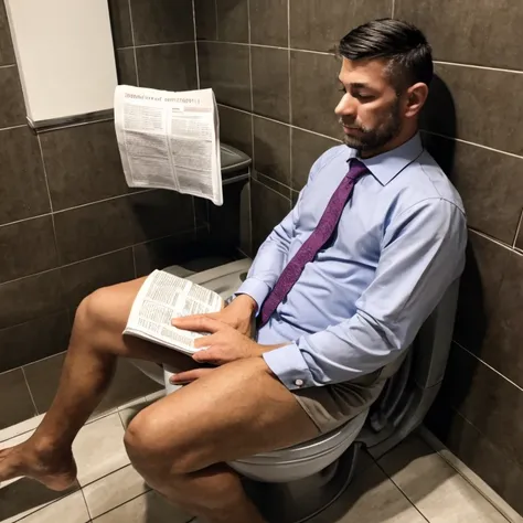 Business Man shitting on the toilet while reading newspaper in the public bathroom.