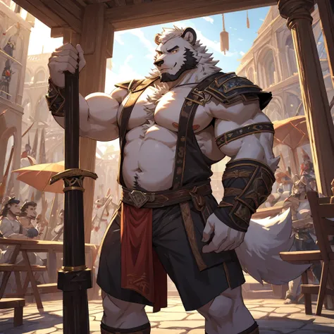 Aix:detailed sword,Detailed hands,Detailed hands指,Detailed face，Strong chubby furry male white wolf bear,Detailed RPG background,white hair,Blackbeard,huge and powerful arms,Huge and strong chest muscles,huge and powerful belly,convex，shorts，Smile,super de...