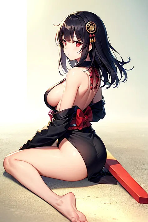 (((highest quality, masterpiece,Like Japan cartoons))), (red eyes,samurai girl),black hair,The back of the head is braided,medium breasts,cleavage,side boob,black kimono,broken kimono,Japan have a sword,Yoto Muramasa,closed mouth,1 girl