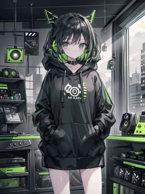 highest quality, treble range, 1 girl, Black headphones, black hoodie, green hair, shiny hair, speakers, fantasy