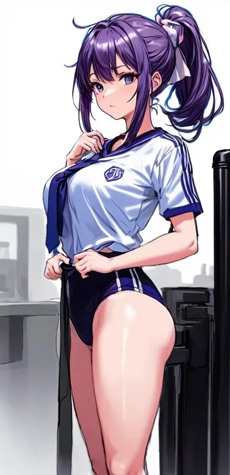 A beautiful woman with a mature face and long wisteria-purple hair tied in a ponytail with a pale pink ribbon.。White gym clothes。dark blue buruma。school playground。