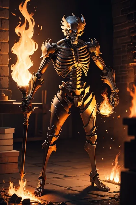 Metal fire skeleton, a skeletal figure made entirely of glowing, molten metal, standing in a blacksmiths forge, surrounded by flames and sparks, intense heat and a sense of ancient craftsmanship, Sculpture, forged steel and bronze with realistic textures, ...