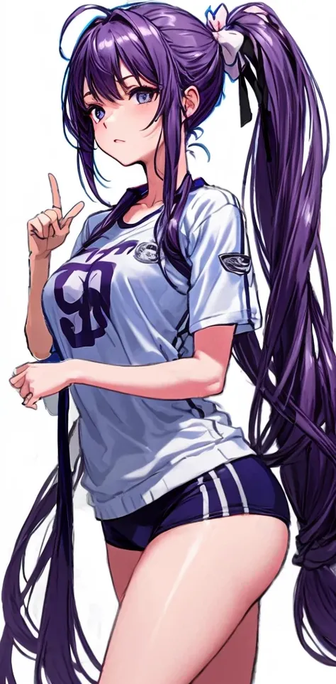 A beautiful woman with a mature face and long wisteria-purple hair tied in a ponytail with a pale pink ribbon.。White gym clothes。dark blue buruma。school playground。