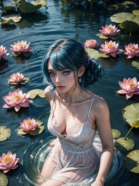 A girl floting on lotus lake, lake is full of lotus, colourfull lotus, water shining, girl wearing white dress, holding lotus, she have blue hair, blue eyes, double eyelashes, eyeshadow, pink lipstick, nose, collar bone, high quality image, masterpiece qua...