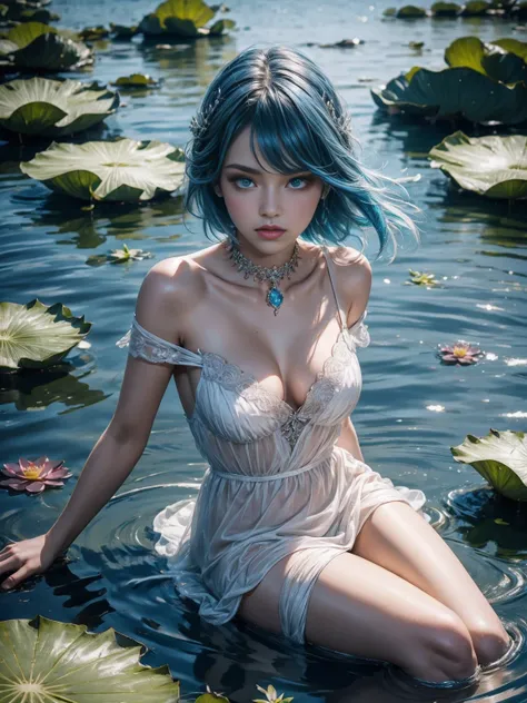 A girl floting on lotus lake, lake is full of lotus, colourfull lotus, water shining, girl wearing white dress, holding lotus, she have blue hair, blue eyes, double eyelashes, eyeshadow, pink lipstick, nose, collar bone, high quality image, masterpiece qua...