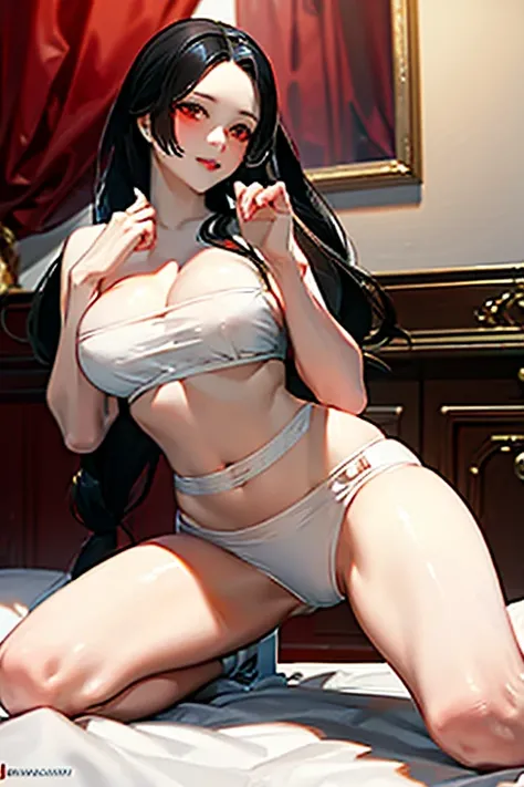 Black hair, red eyes, sexy, large breasts, beautiful body, white bra, white lingerie, white underwear, bedroom