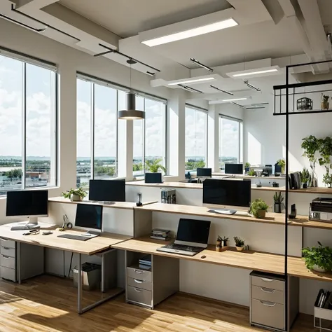 /imagine prompt: create an image of a modern office with several workstations. the workstations should have computers and there ...