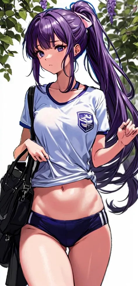 A beautiful woman with a mature face and long wisteria-purple hair tied in a ponytail with a pale pink ribbon.。White gym clothes。Navy blue bloomers shaped like panties。school playground。