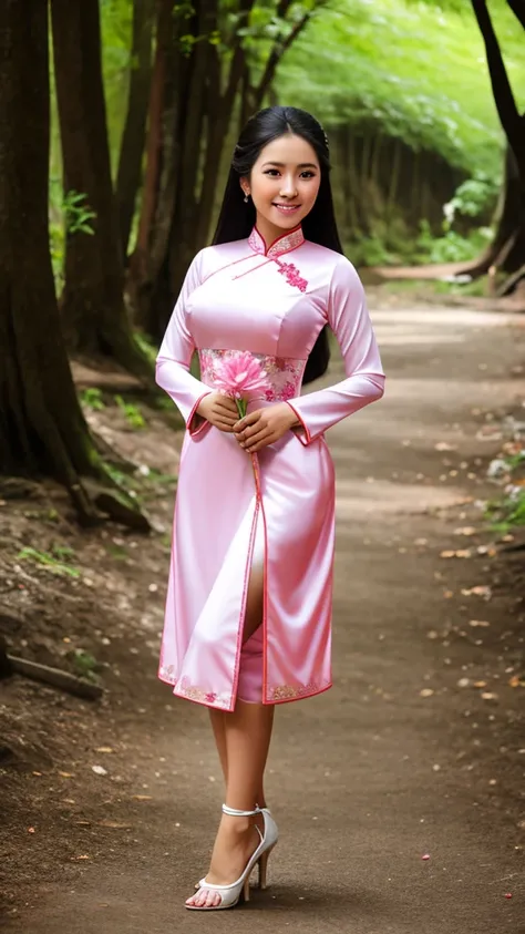 1 person, in the cherry blossom forest, Vietnamese ao dai, holding a lotus flower (light pink), long hair, light breeze, lotus background,Gentle smile, super beautiful face, smooth skin, Ao Dai with the Vietnamese flag under the hem, falling lotus flowers ...